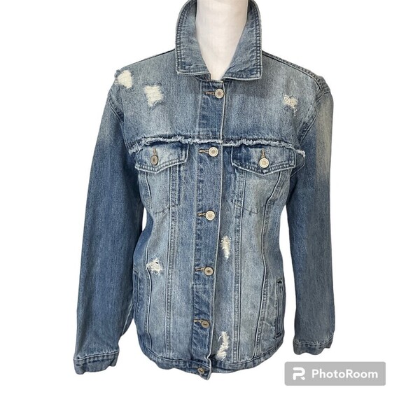 KanCan Women Blue Jean Jacket Sz Small Distress Raw Edge Stretch Pockets Denim T - Picture 1 of 12